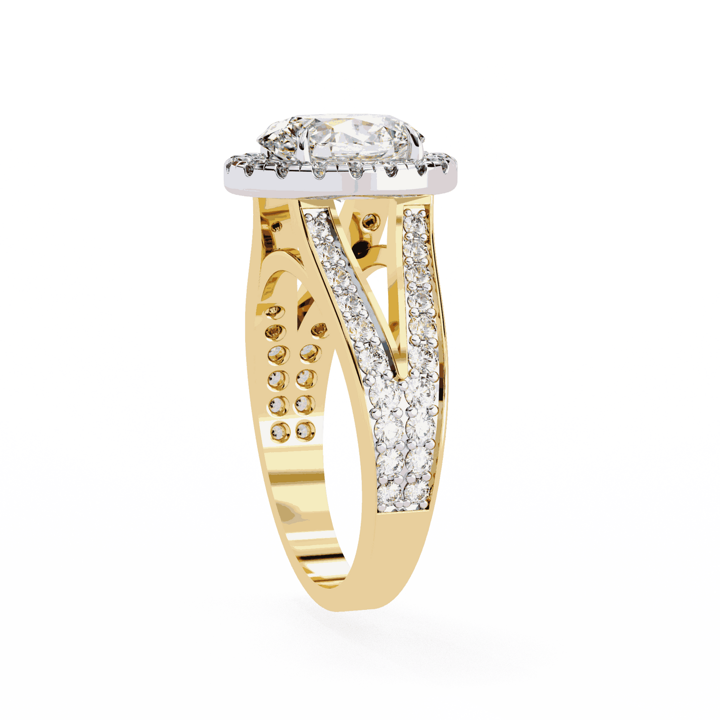 Oval Cut Lab Grown Diamond Halo Engagement Ring with Split Shank Double Pave Band