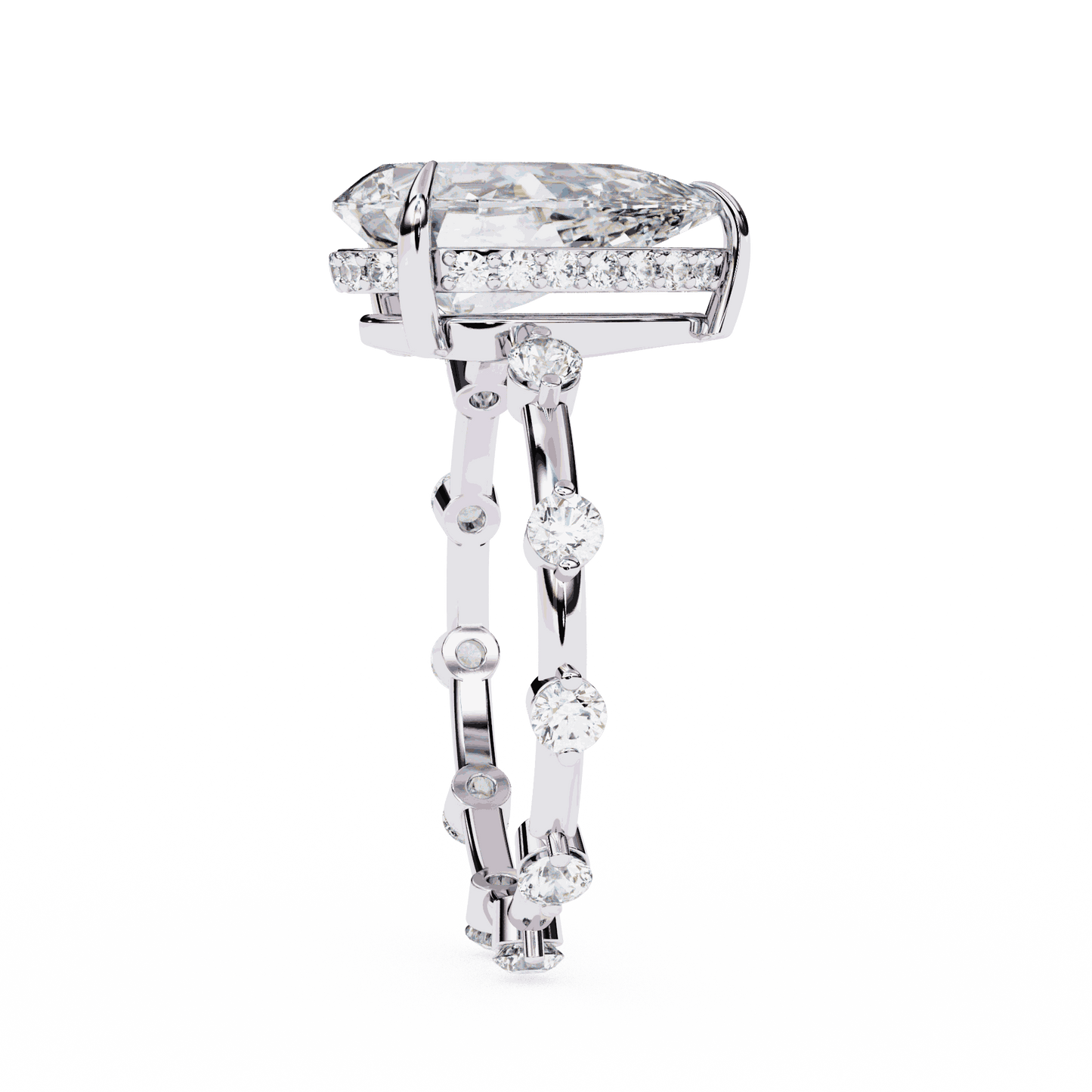 Pear Cut Lab Grown Diamond Solitaire Engagement Ring with Hidden Halo and Spaced Station Band