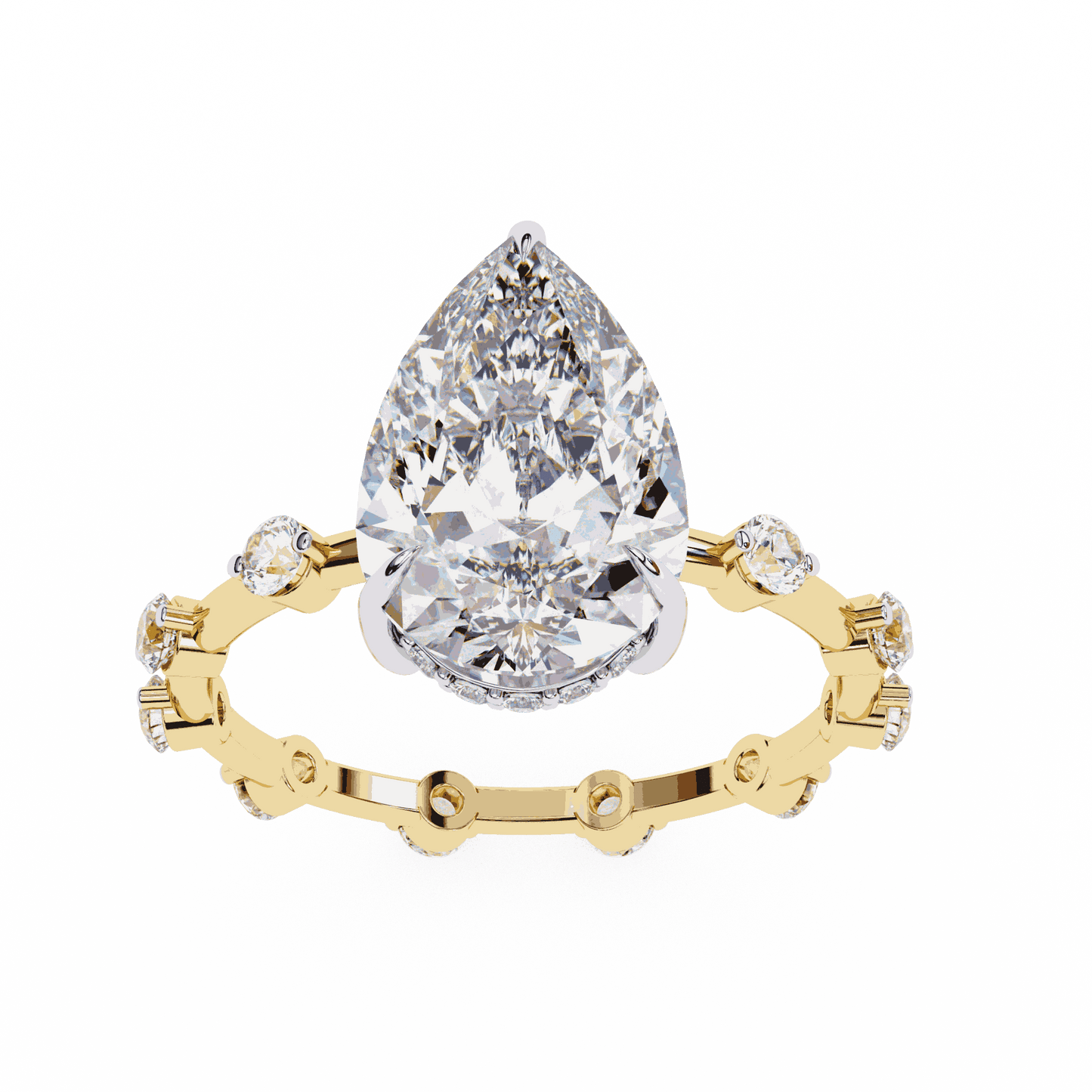 Pear Cut Lab Grown Diamond Solitaire Engagement Ring with Hidden Halo and Spaced Station Band