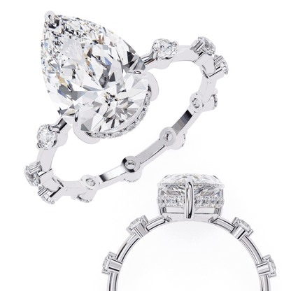Pear Cut Lab Grown Diamond Solitaire Engagement Ring with Hidden Halo and Spaced Station Band