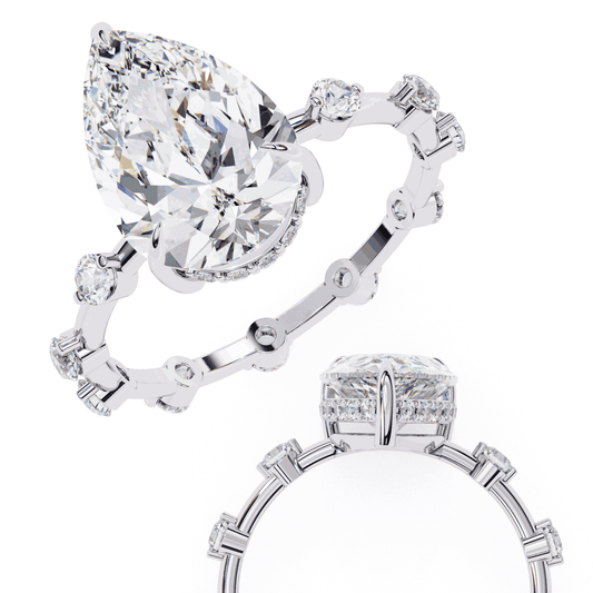 Pear Cut Lab Grown Diamond Solitaire Engagement Ring with Hidden Halo and Spaced Station Band