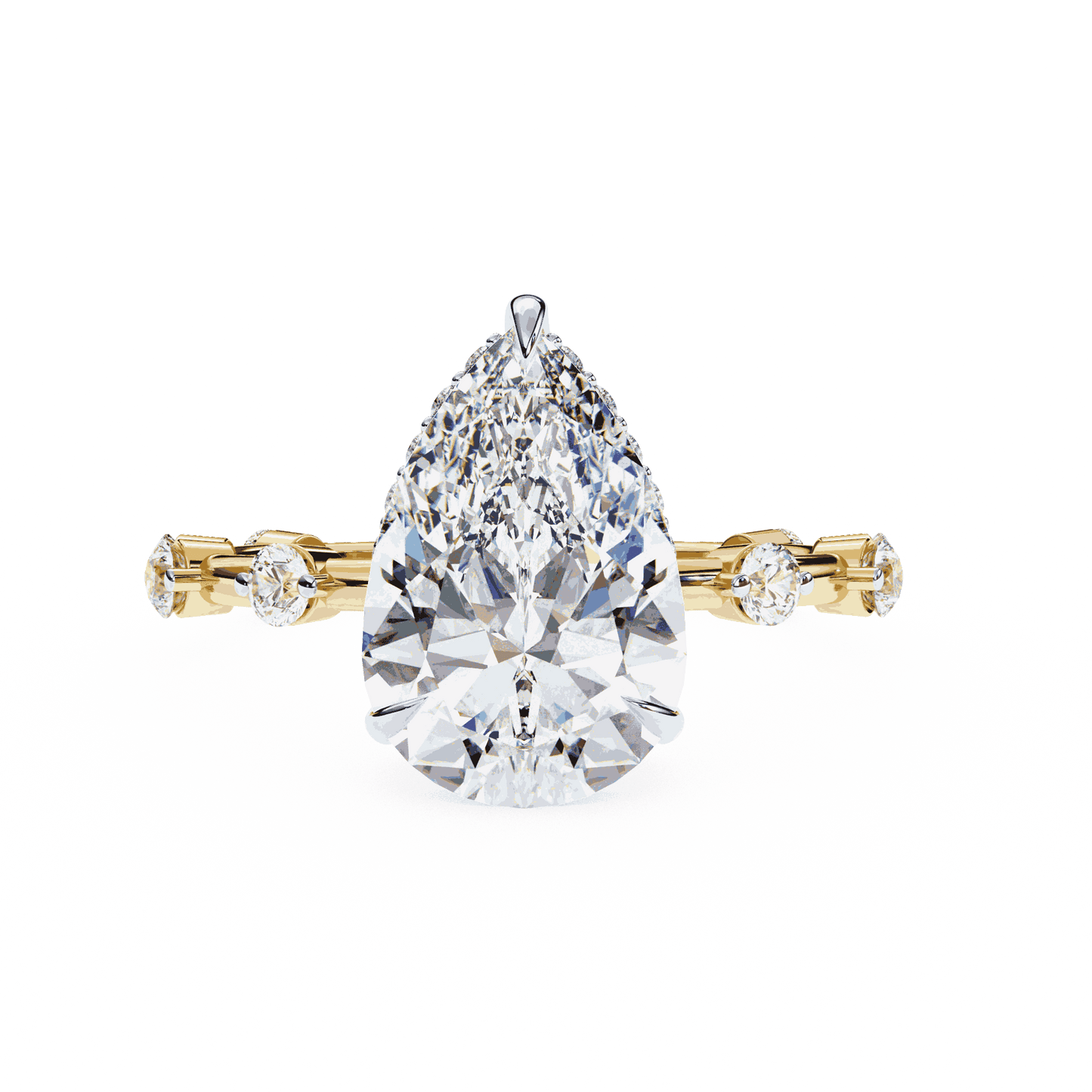 Pear Cut Lab Grown Diamond Solitaire Engagement Ring with Hidden Halo and Spaced Station Band