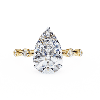 Pear Cut Lab Grown Diamond Solitaire Engagement Ring with Hidden Halo and Spaced Station Band