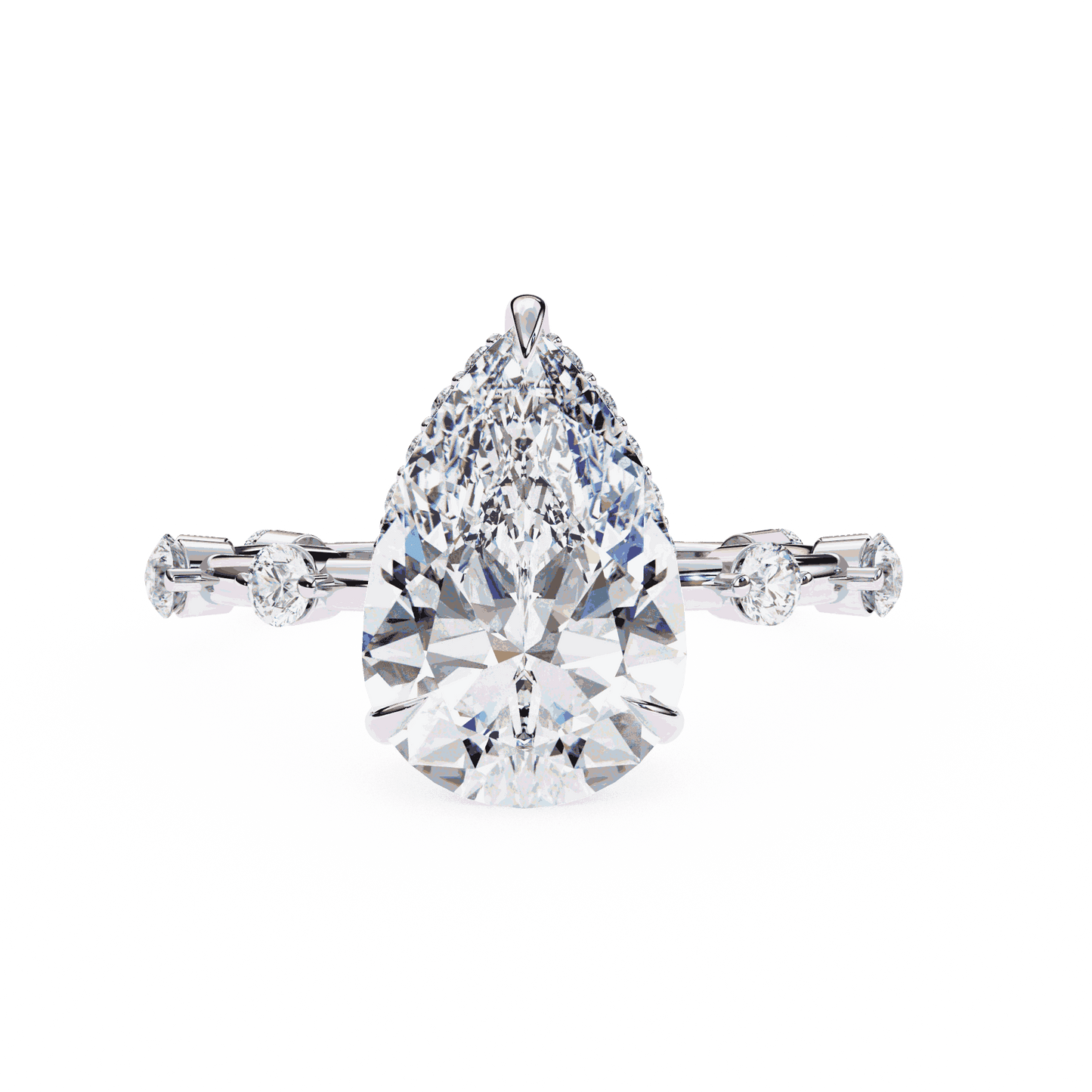 Pear Cut Lab Grown Diamond Solitaire Engagement Ring with Hidden Halo and Spaced Station Band