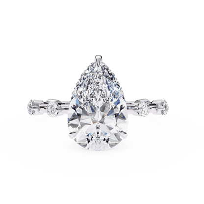 Pear Cut Lab Grown Diamond Solitaire Engagement Ring with Hidden Halo and Spaced Station Band
