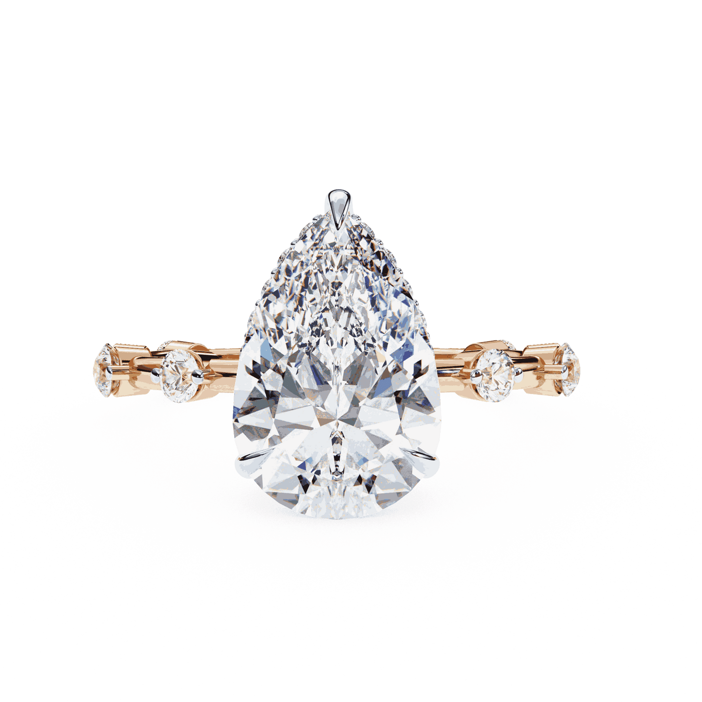 Pear Cut Lab Grown Diamond Solitaire Engagement Ring with Hidden Halo and Spaced Station Band