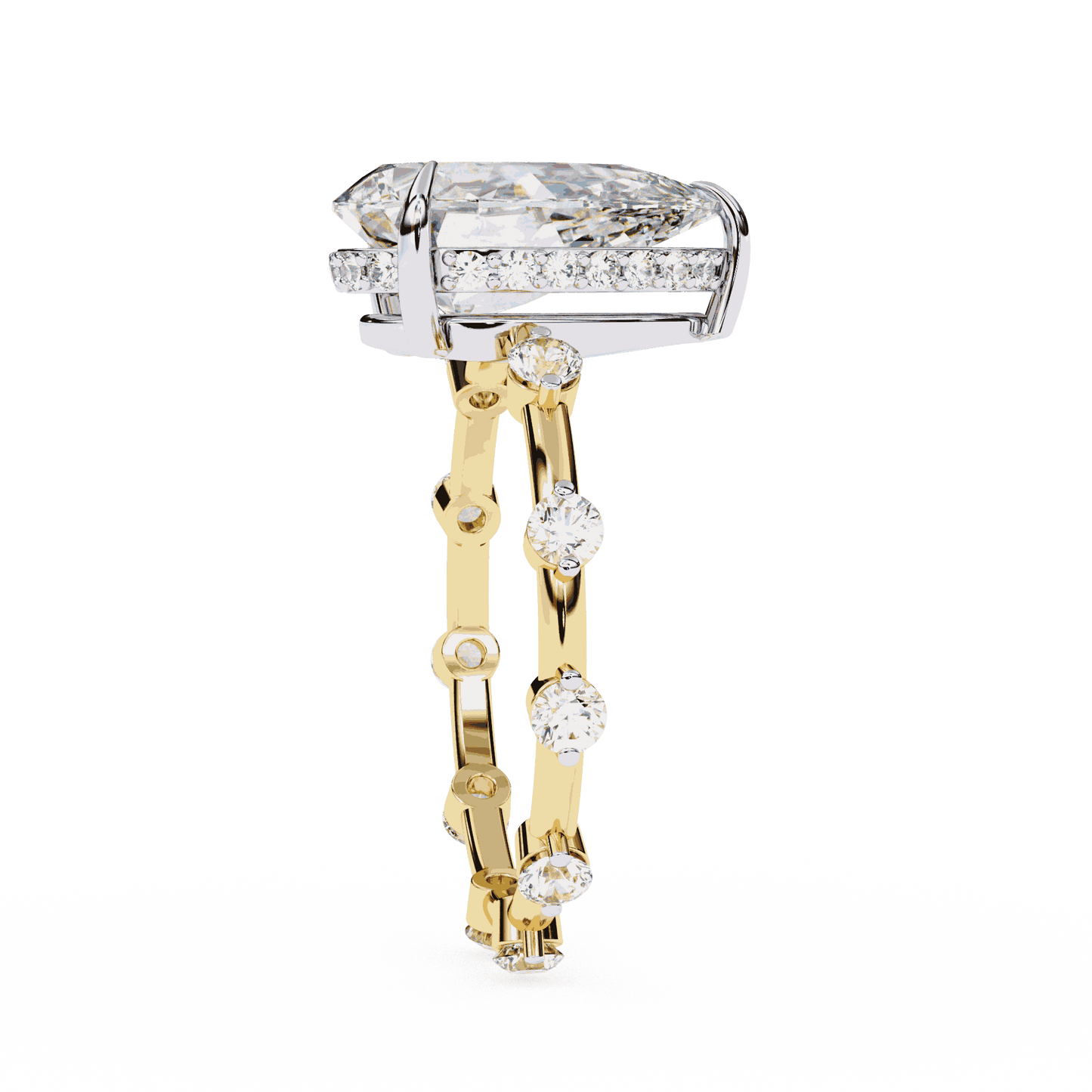 Pear Cut Lab Grown Diamond Solitaire Engagement Ring with Hidden Halo and Spaced Station Band