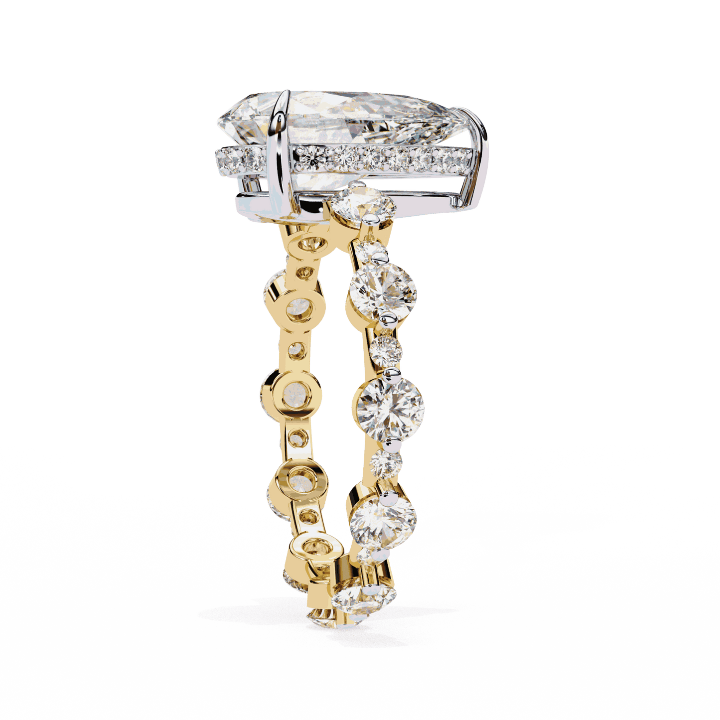 Pear Cut Lab Grown Diamond Side Stone Engagement Ring with Spaced Round Eternity Band