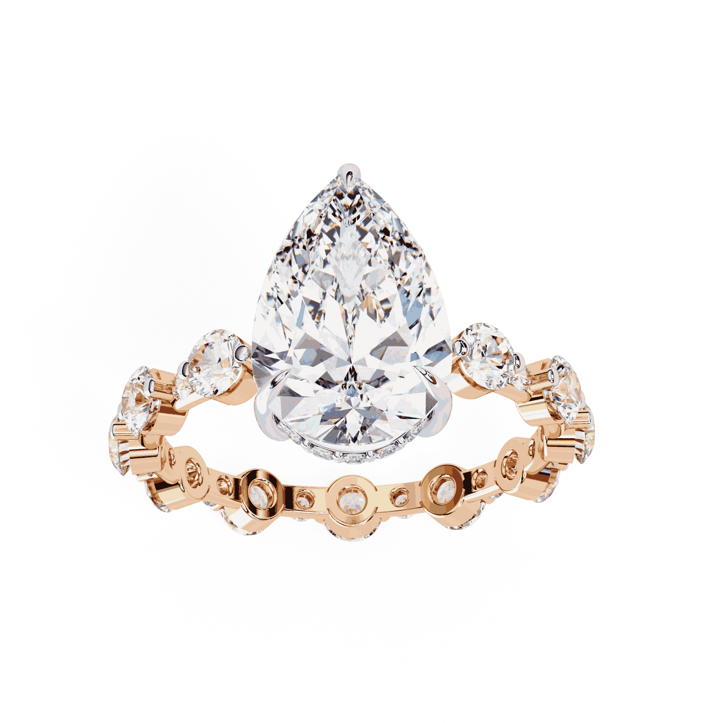 Pear Cut Lab Grown Diamond Side Stone Engagement Ring with Spaced Round Eternity Band