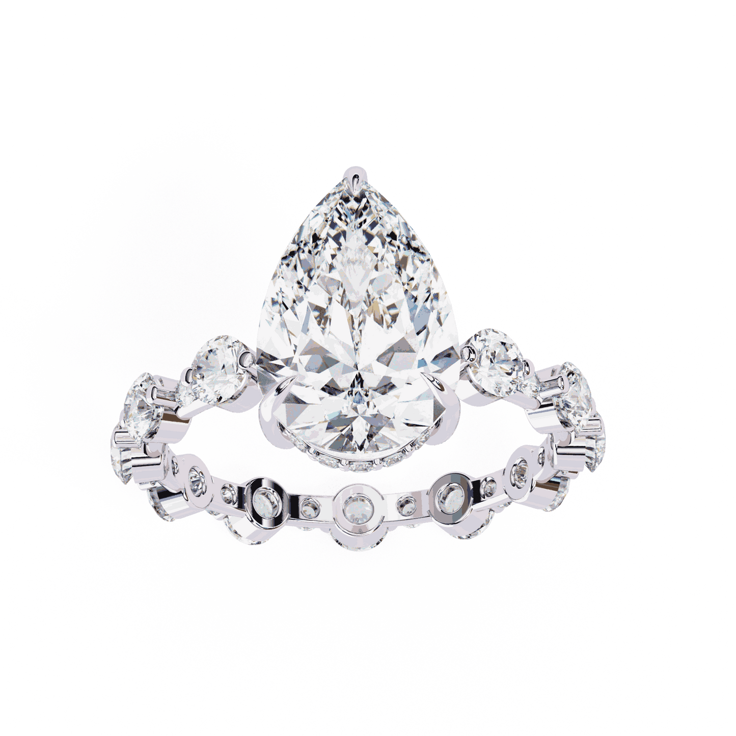 Pear Cut Lab Grown Diamond Side Stone Engagement Ring with Spaced Round Eternity Band