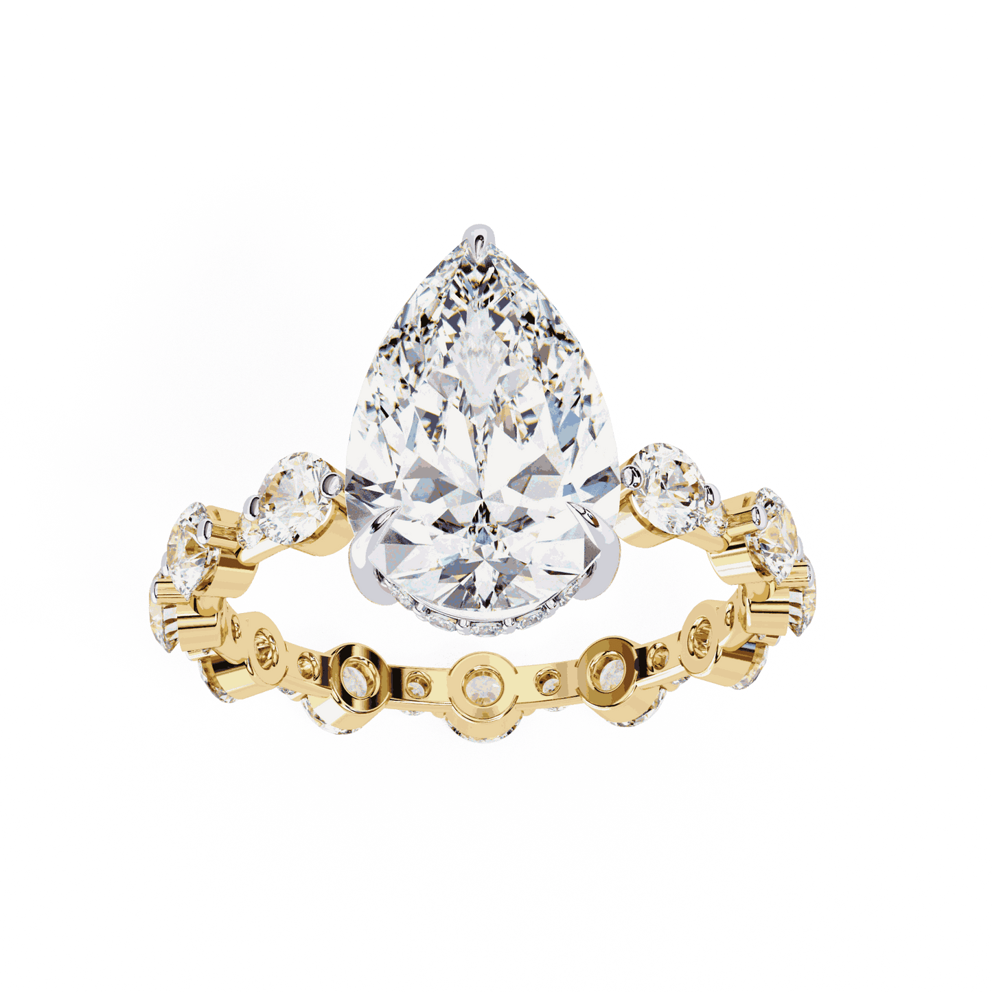 Pear Cut Lab Grown Diamond Side Stone Engagement Ring with Spaced Round Eternity Band