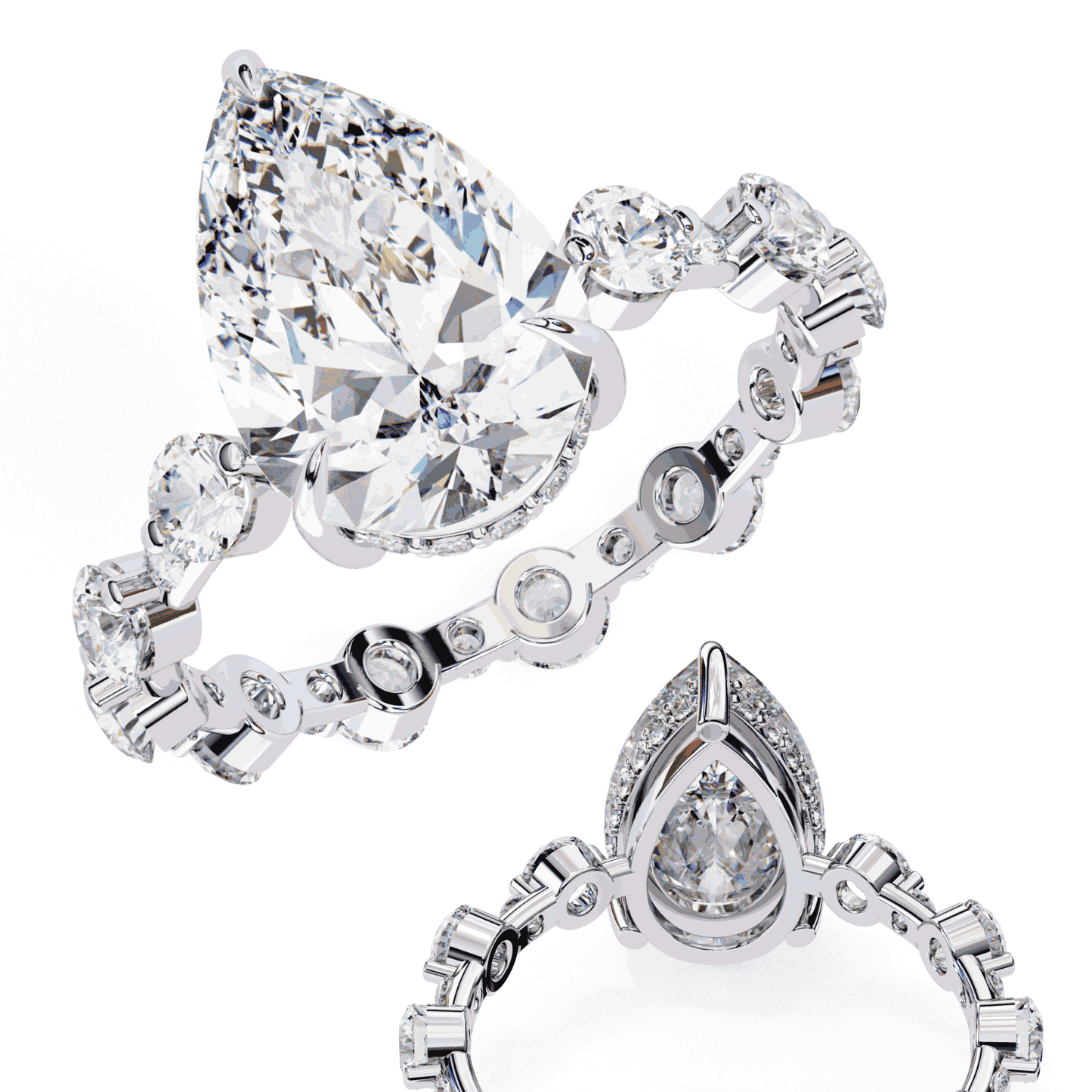 Pear Cut Lab Grown Diamond Side Stone Engagement Ring with Spaced Round Eternity Band