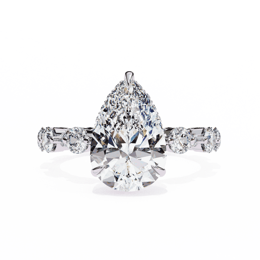 Pear Cut Lab Grown Diamond Side Stone Engagement Ring with Spaced Round Eternity Band