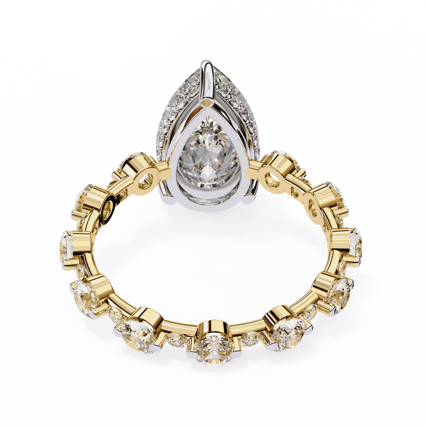 Pear Cut Lab Grown Diamond Side Stone Engagement Ring with Spaced Round Eternity Band