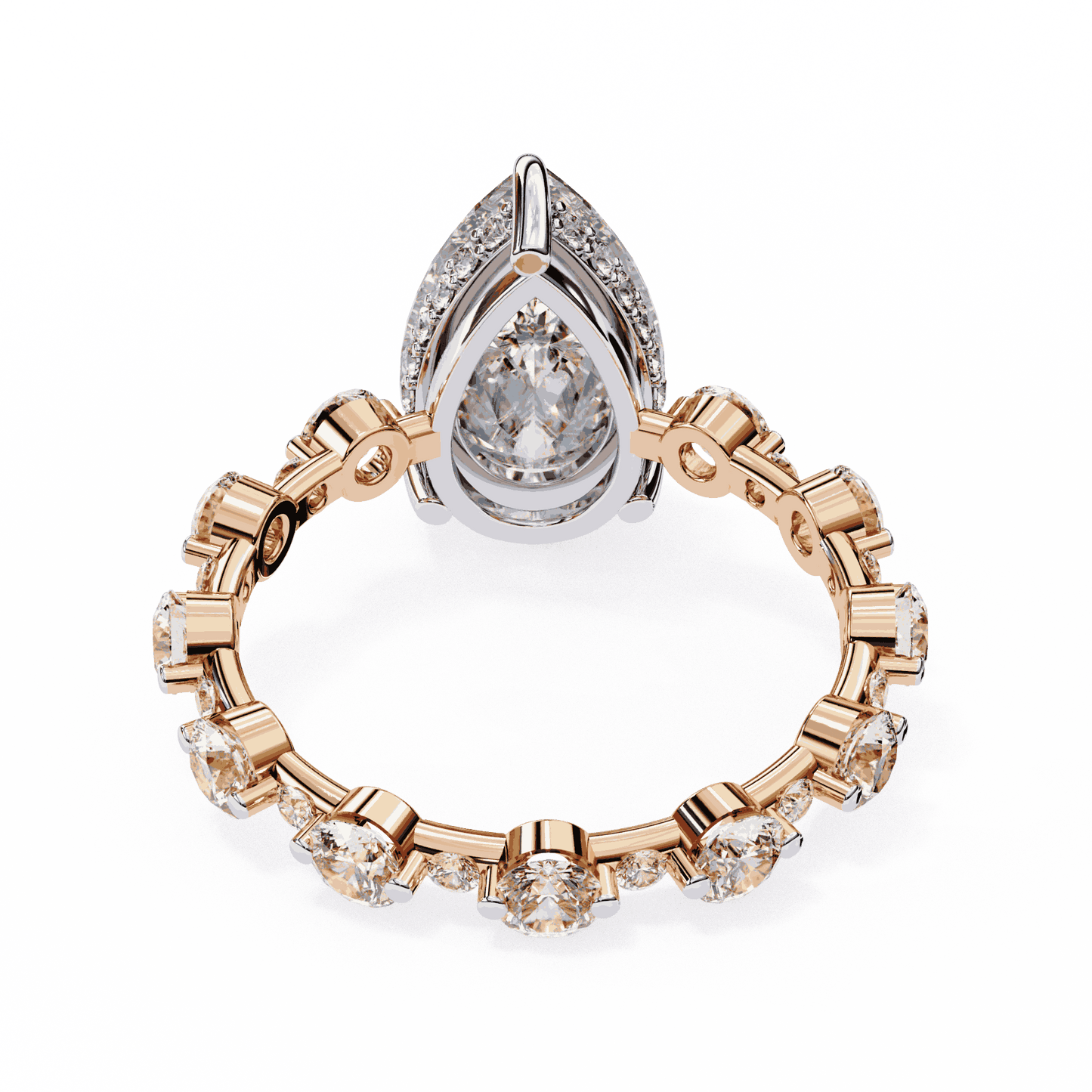 Pear Cut Lab Grown Diamond Side Stone Engagement Ring with Spaced Round Eternity Band