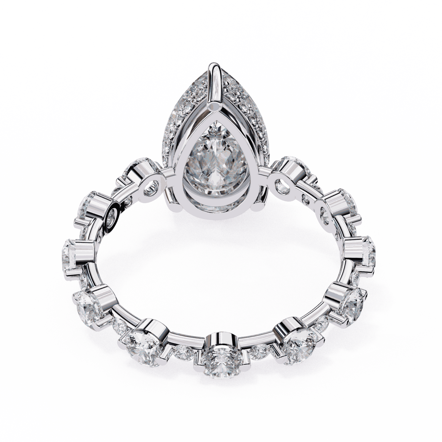 Pear Cut Lab Grown Diamond Side Stone Engagement Ring with Spaced Round Eternity Band