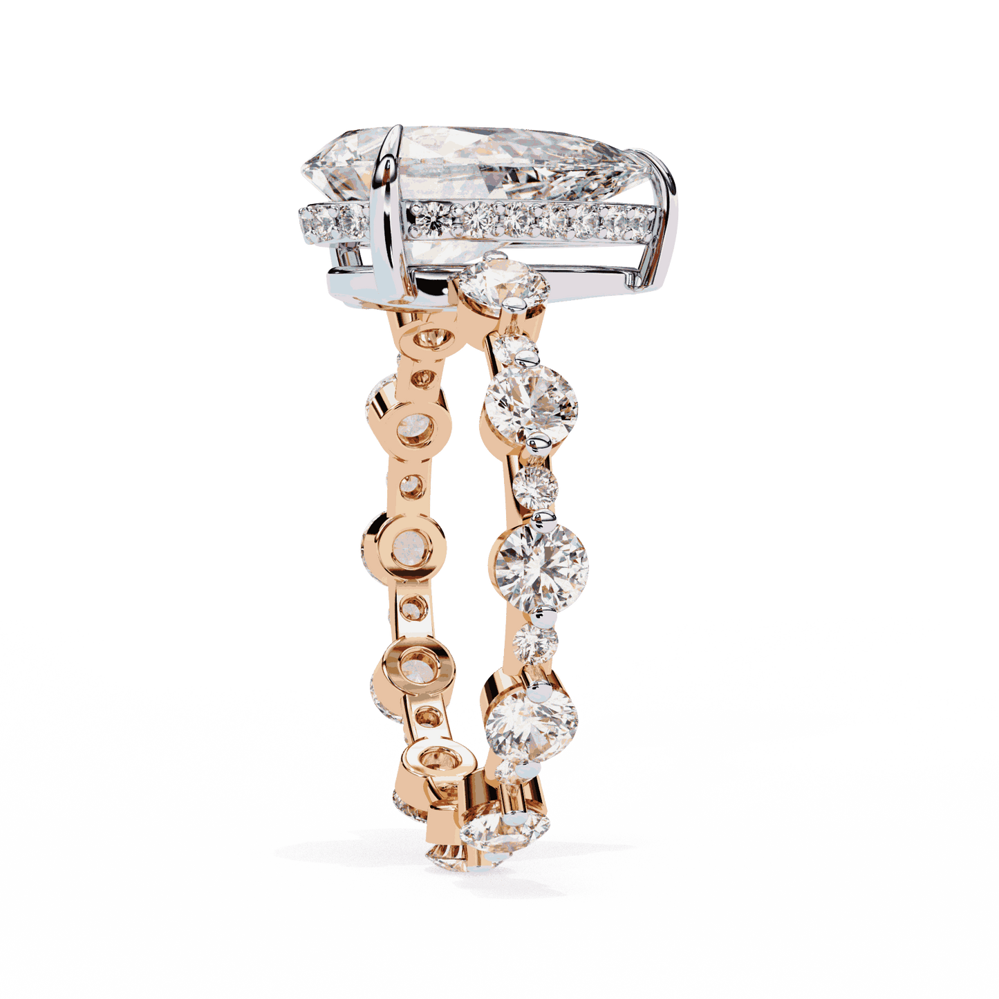 Pear Cut Lab Grown Diamond Side Stone Engagement Ring with Spaced Round Eternity Band