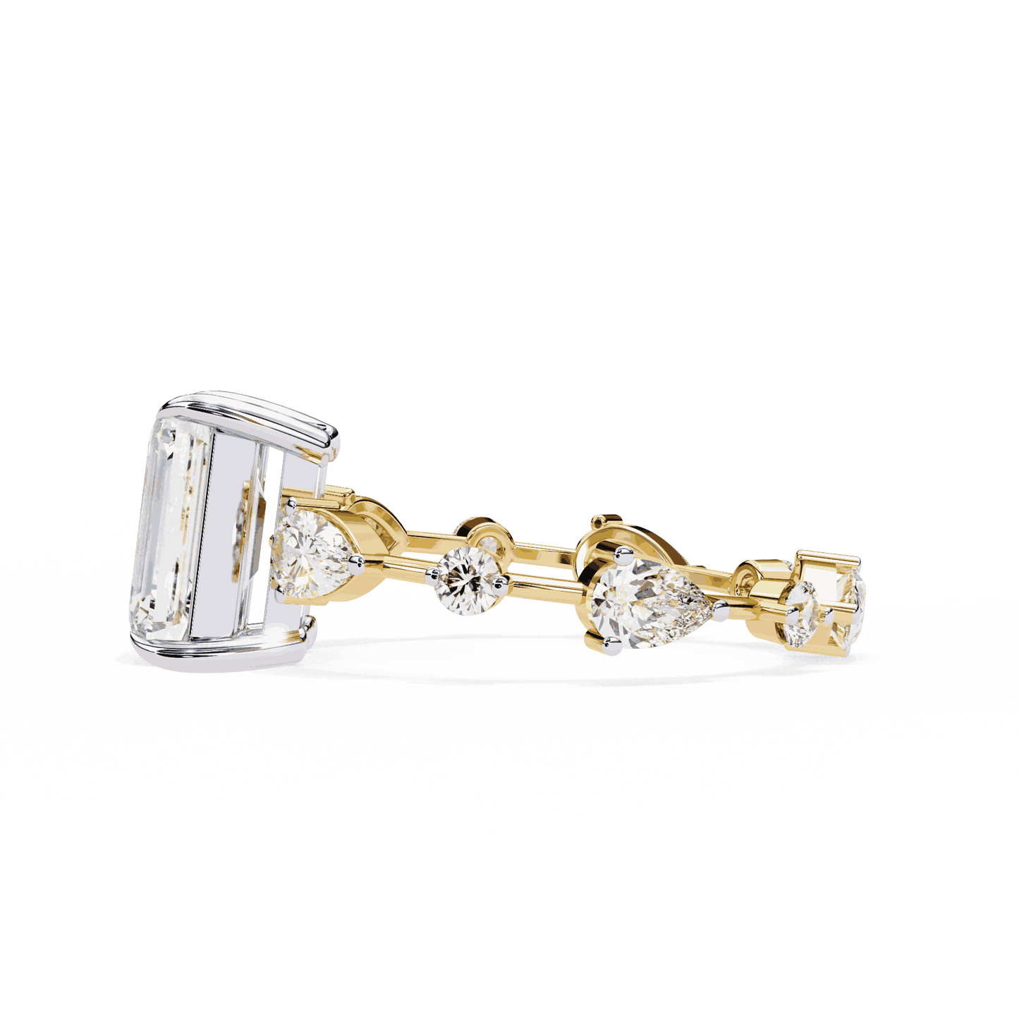 Emerald Cut Lab Grown Diamond Side Stone Engagement Ring with Pear and Round Eternity Band