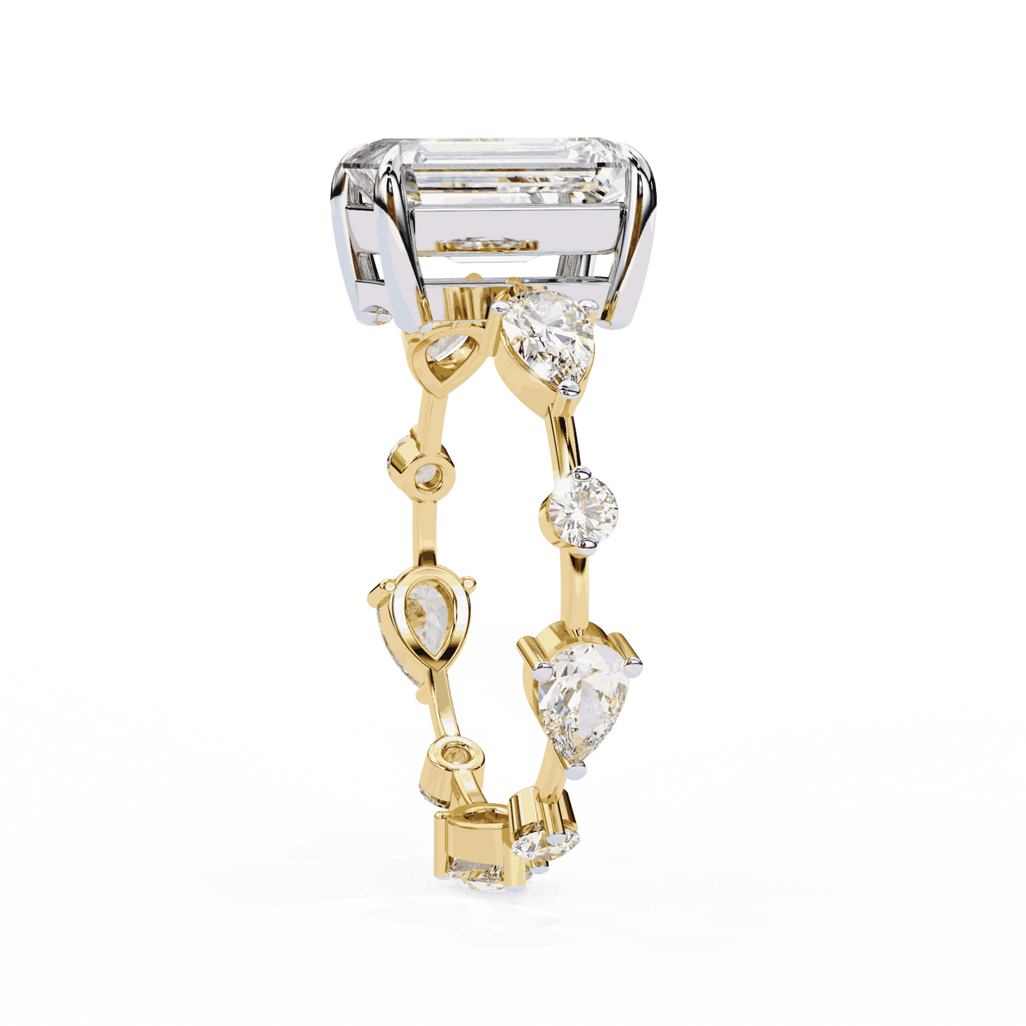 Emerald Cut Lab Grown Diamond Side Stone Engagement Ring with Pear and Round Eternity Band