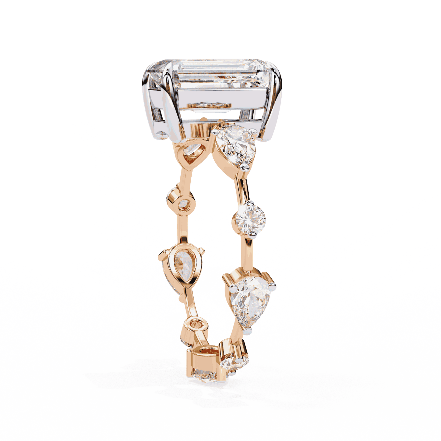 Emerald Cut Lab Grown Diamond Side Stone Engagement Ring with Pear and Round Eternity Band