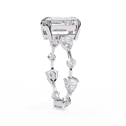 Emerald Cut Lab Grown Diamond Side Stone Engagement Ring with Pear and Round Eternity Band