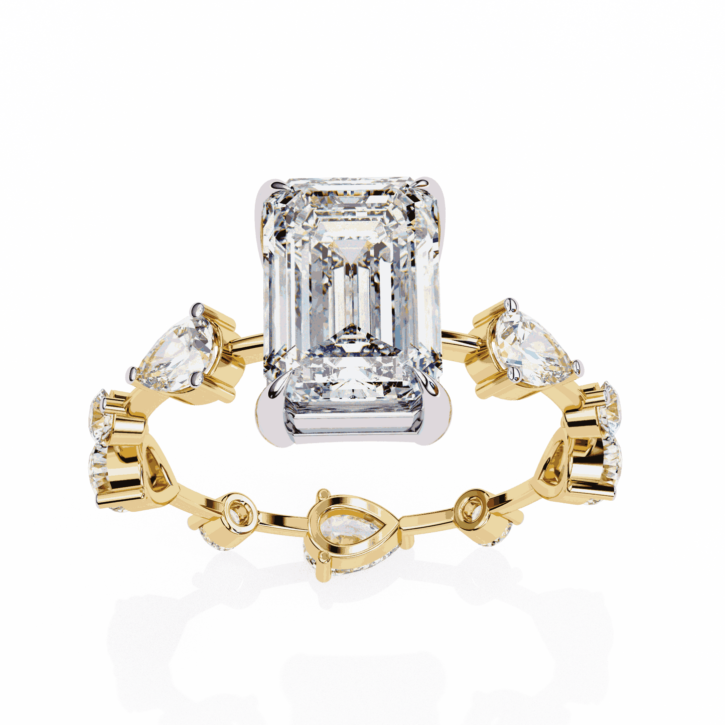 Emerald Cut Lab Grown Diamond Side Stone Engagement Ring with Pear and Round Eternity Band