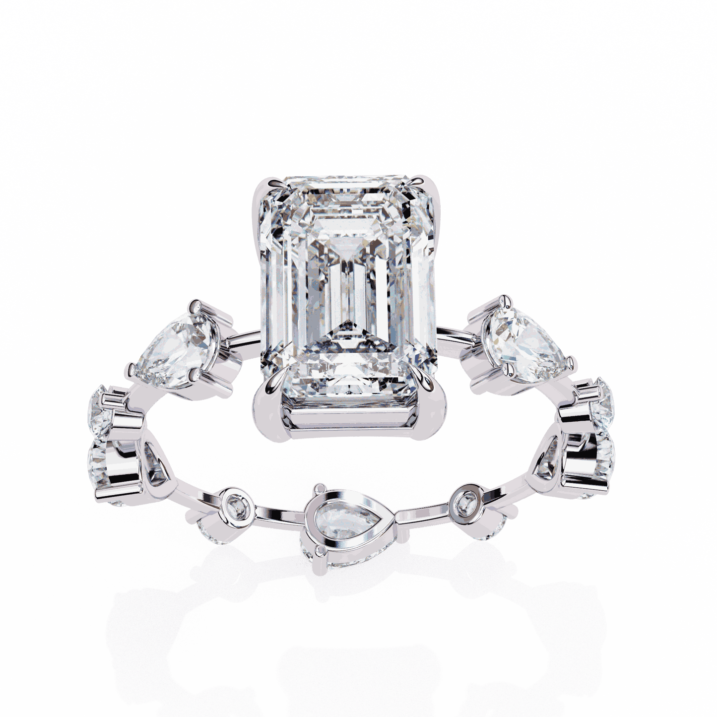Emerald Cut Lab Grown Diamond Side Stone Engagement Ring with Pear and Round Eternity Band