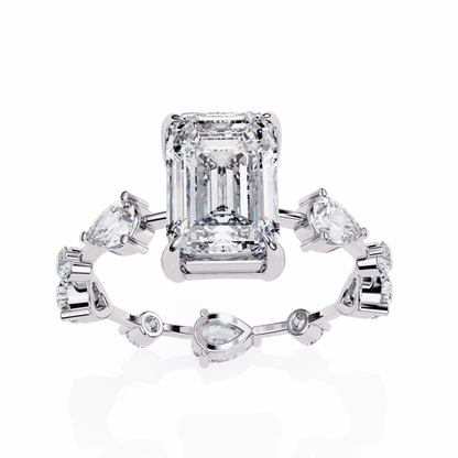 Emerald Cut Lab Grown Diamond Side Stone Engagement Ring with Pear and Round Eternity Band