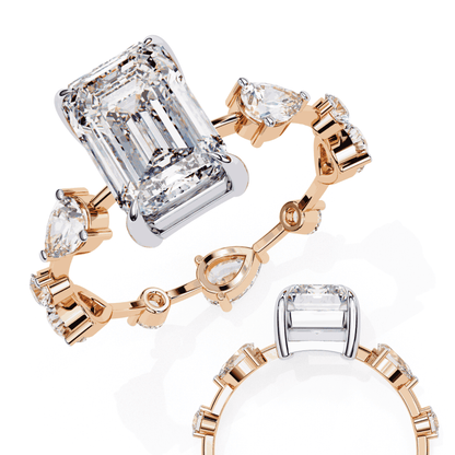Emerald Cut Lab Grown Diamond Side Stone Engagement Ring with Pear and Round Eternity Band