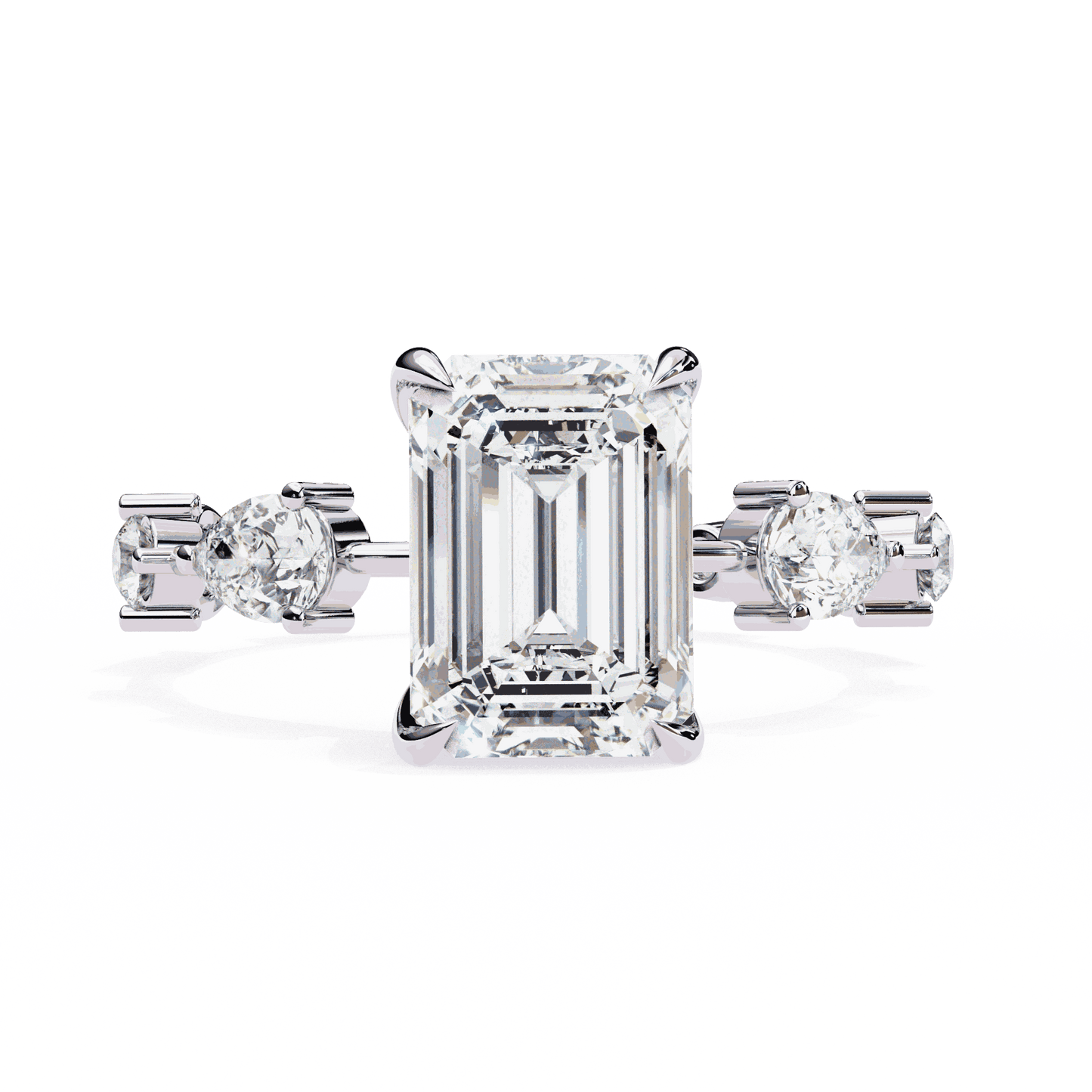 Emerald Cut Lab Grown Diamond Side Stone Engagement Ring with Pear and Round Eternity Band