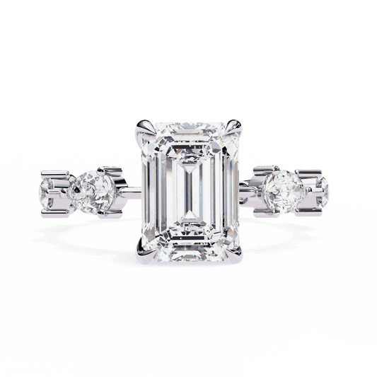 Emerald Cut Lab Grown Diamond Side Stone Engagement Ring with Pear and Round Eternity Band