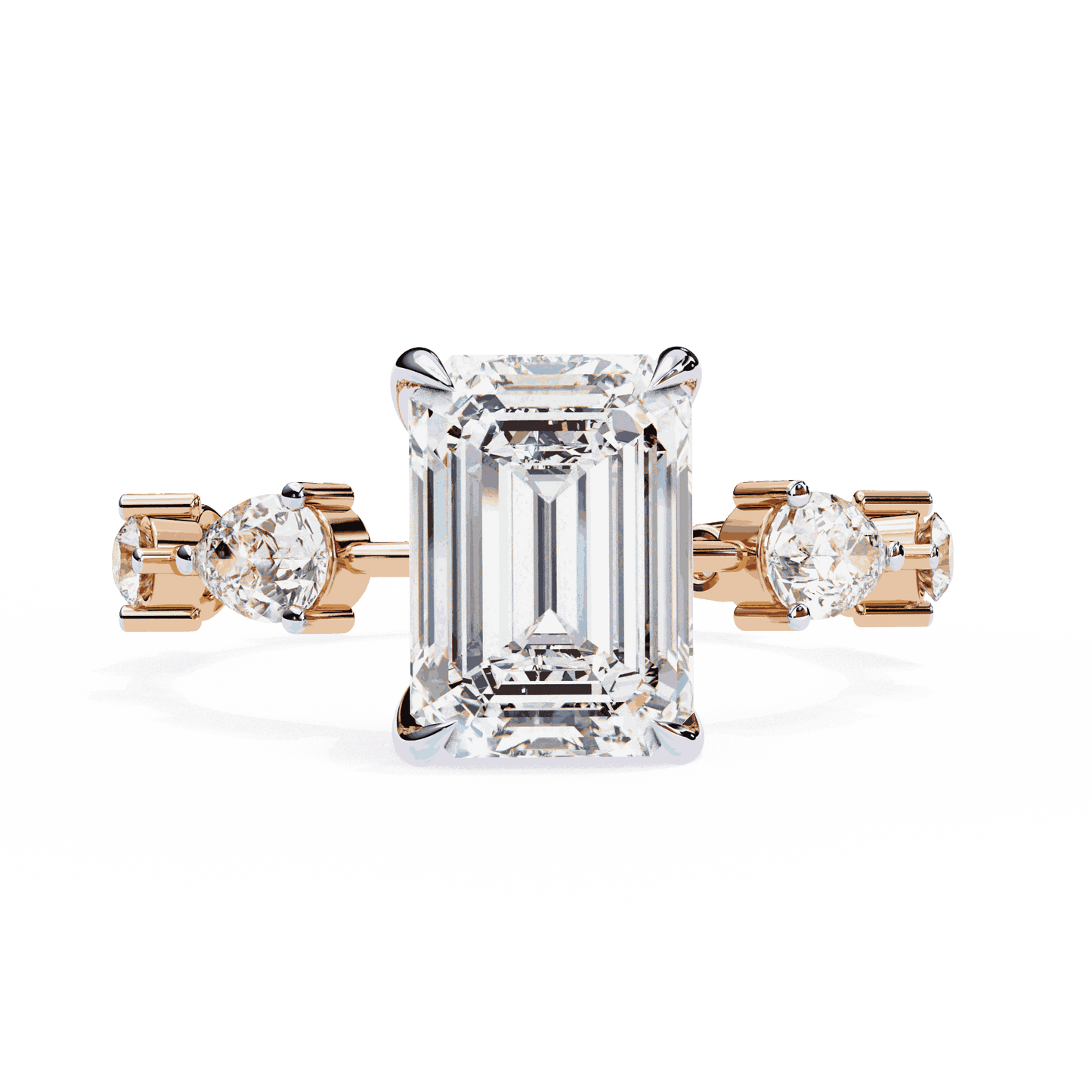 Emerald Cut Lab Grown Diamond Side Stone Engagement Ring with Pear and Round Eternity Band