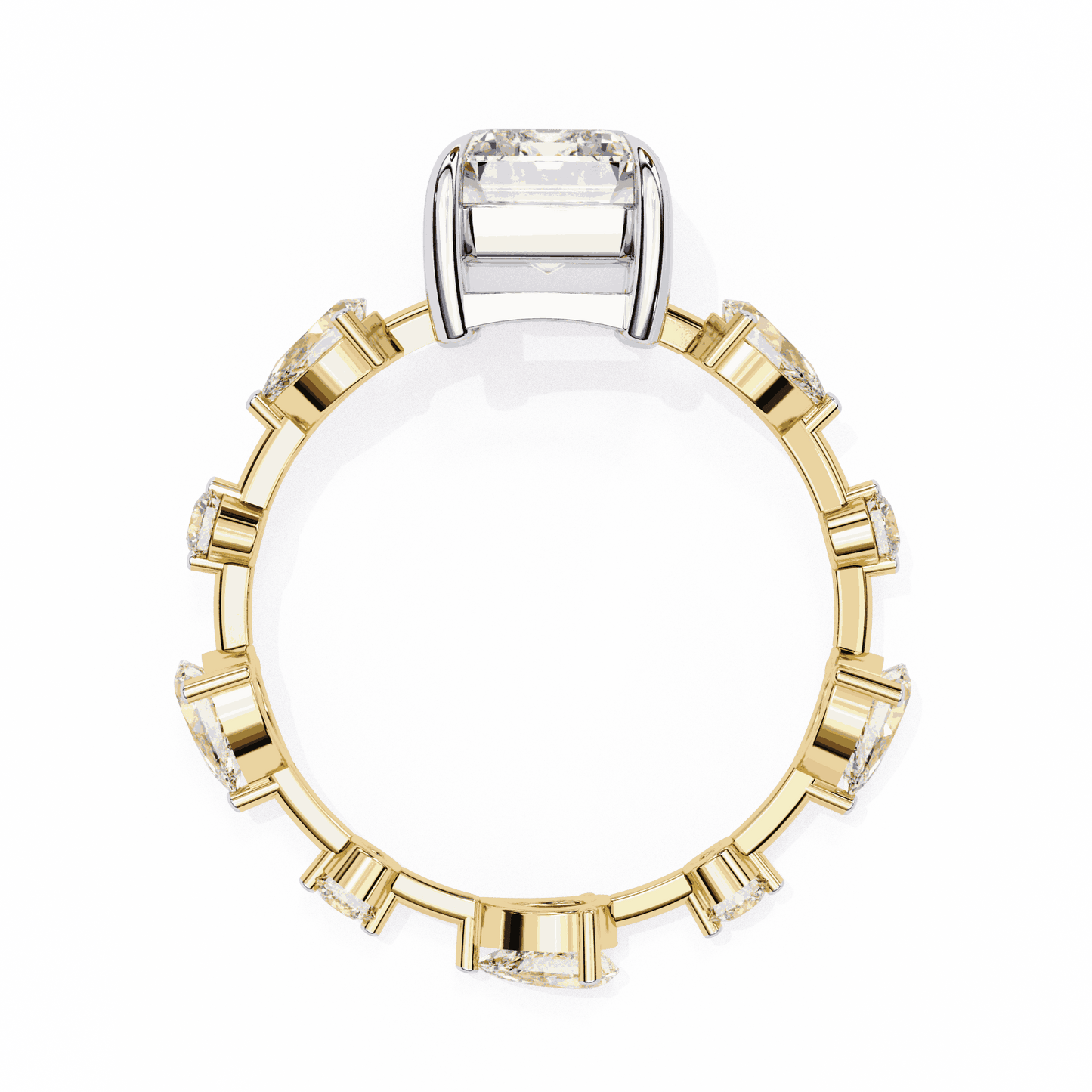 Emerald Cut Lab Grown Diamond Side Stone Engagement Ring with Pear and Round Eternity Band