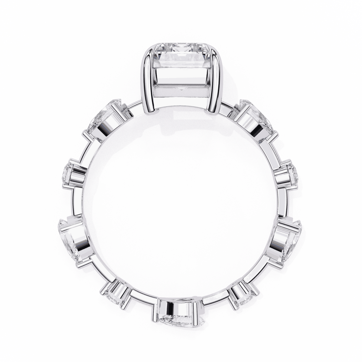 Emerald Cut Lab Grown Diamond Side Stone Engagement Ring with Pear and Round Eternity Band