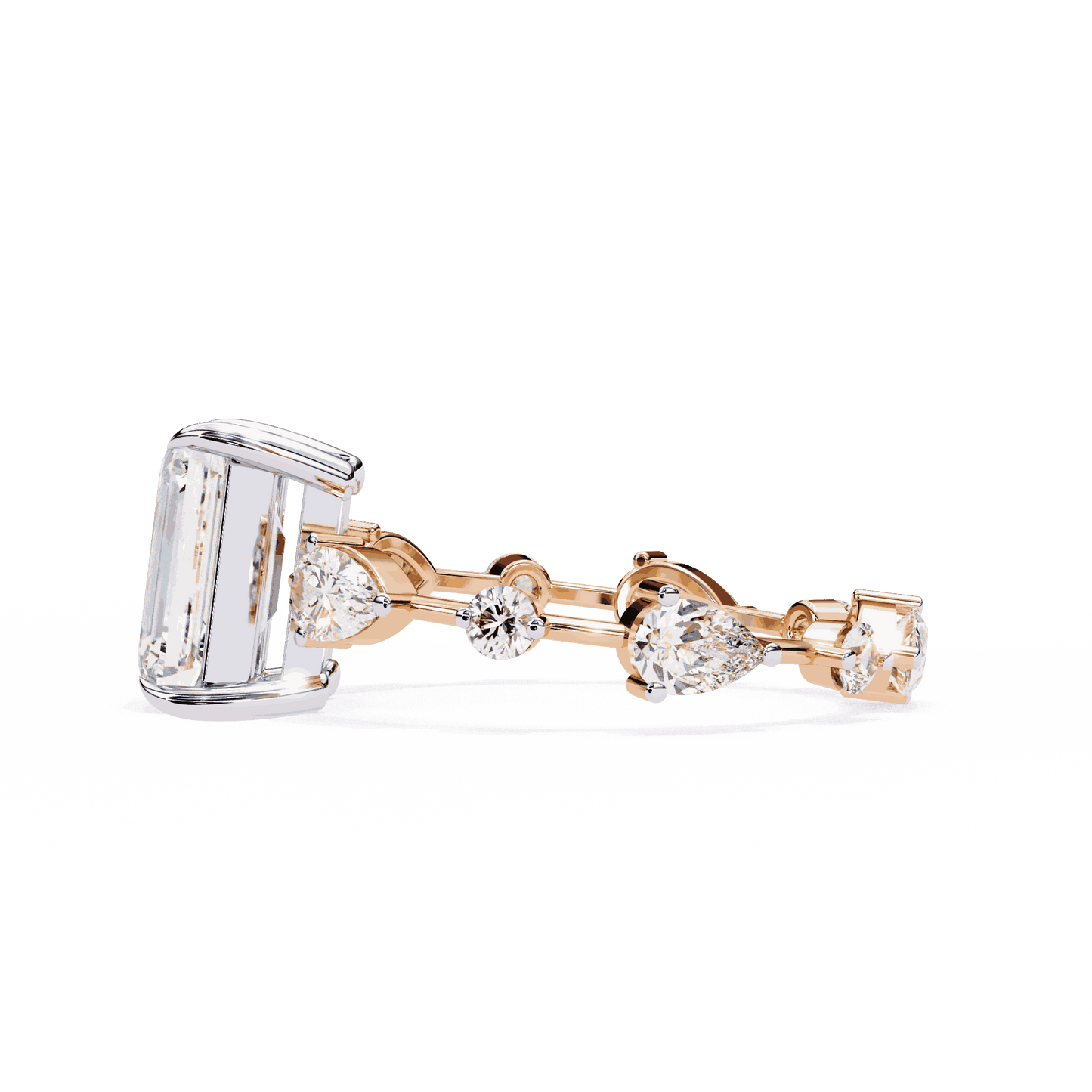 Emerald Cut Lab Grown Diamond Side Stone Engagement Ring with Pear and Round Eternity Band