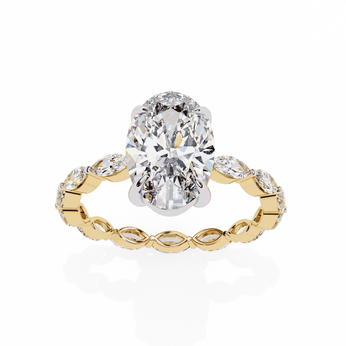 Oval Cut Lab Grown Diamond Side Stone Engagement Ring with Marquise Eternity Band