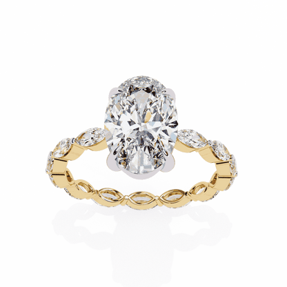 Oval Cut Lab Grown Diamond Side Stone Engagement Ring with Marquise Eternity Band