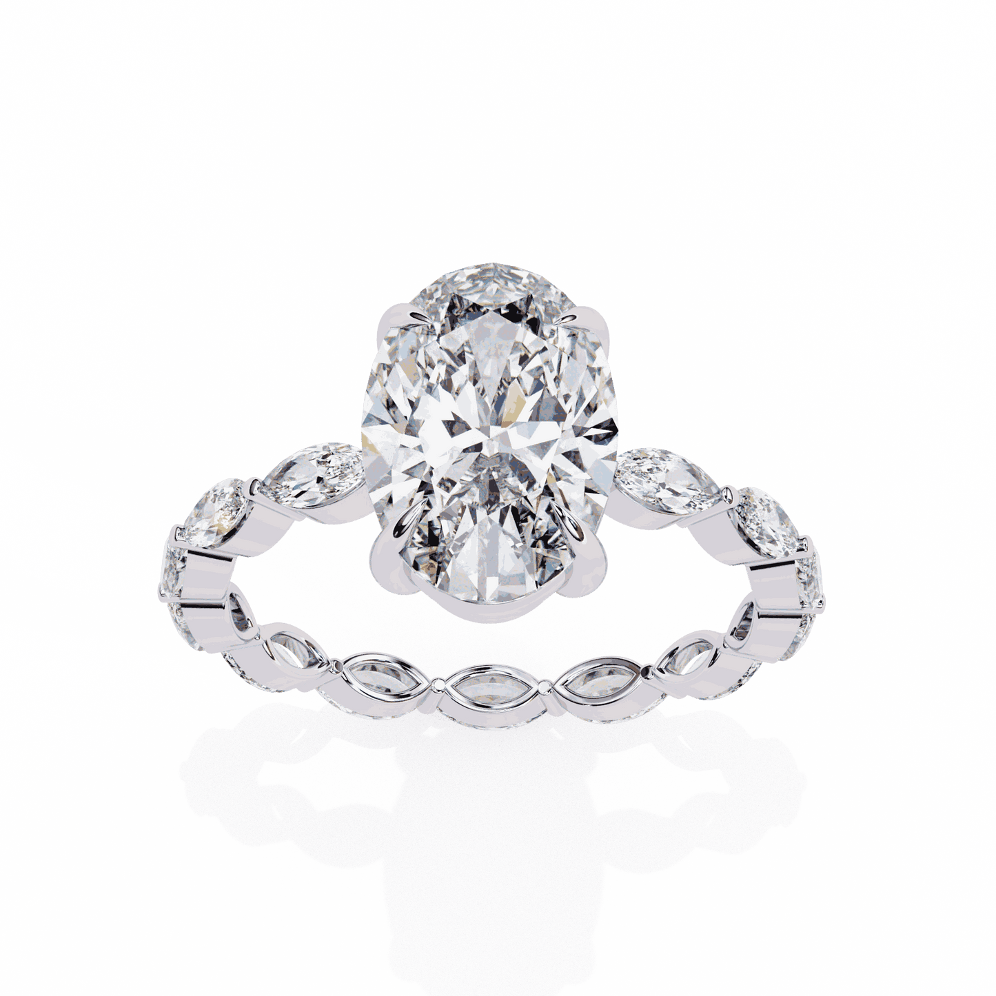 Oval Cut Lab Grown Diamond Side Stone Engagement Ring with Marquise Eternity Band