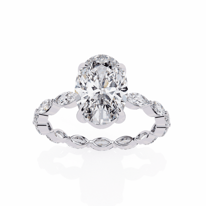 Oval Cut Lab Grown Diamond Side Stone Engagement Ring with Marquise Eternity Band