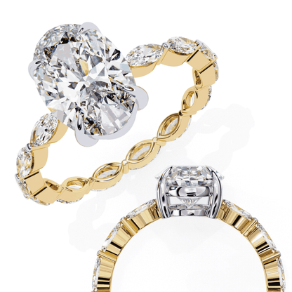 Oval Cut Lab Grown Diamond Side Stone Engagement Ring with Marquise Eternity Band
