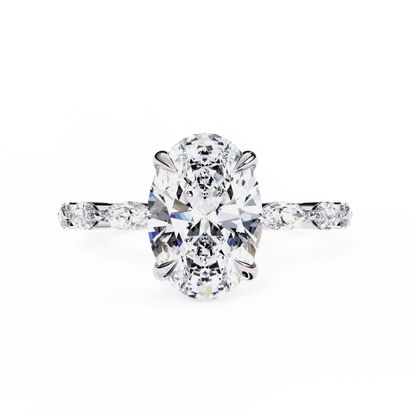 Oval Cut Lab Grown Diamond Side Stone Engagement Ring with Marquise Eternity Band