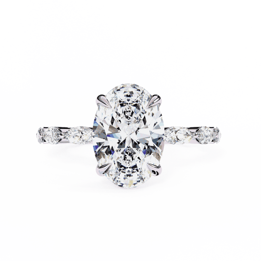 Oval Cut Lab Grown Diamond Side Stone Engagement Ring with Marquise Eternity Band