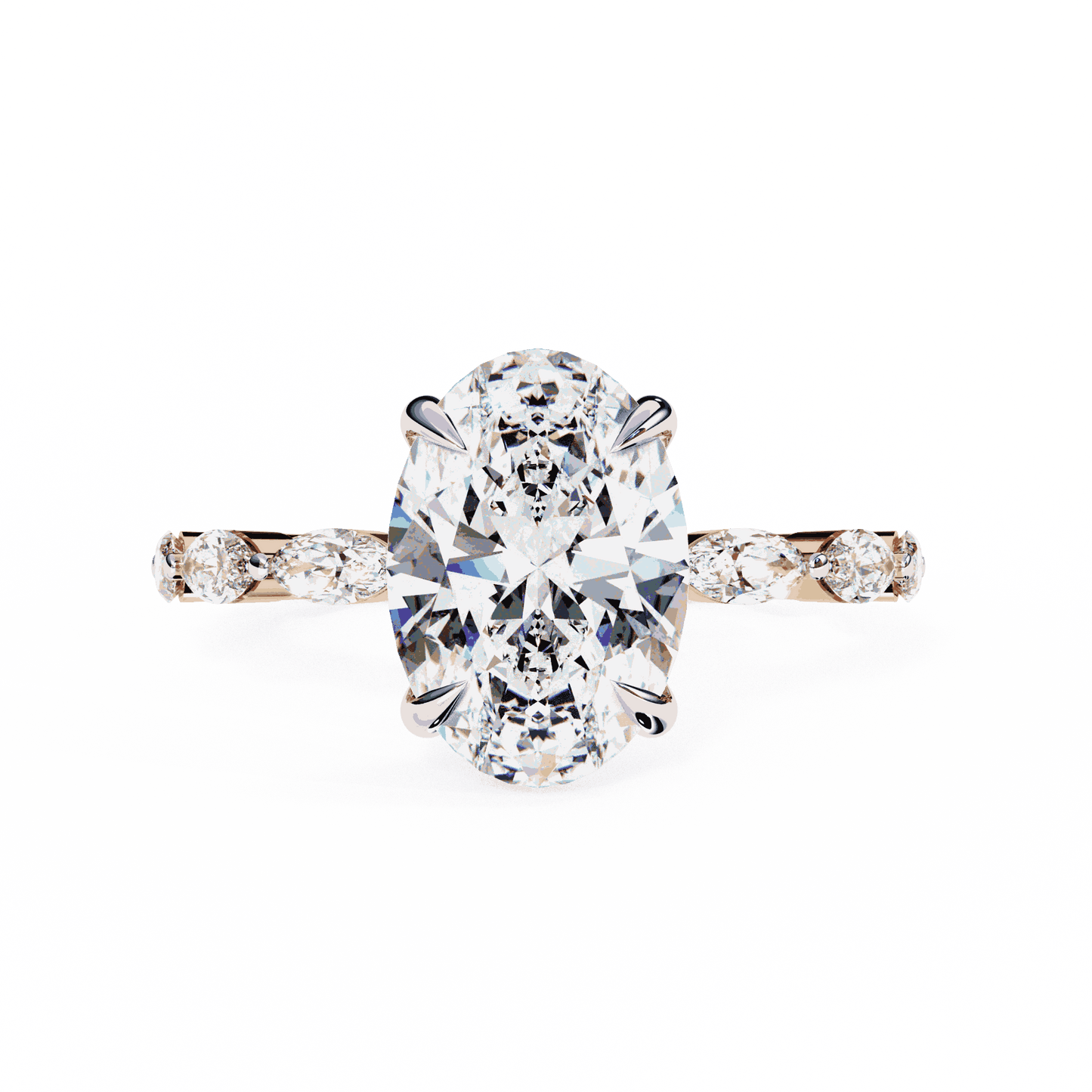 Oval Cut Lab Grown Diamond Side Stone Engagement Ring with Marquise Eternity Band