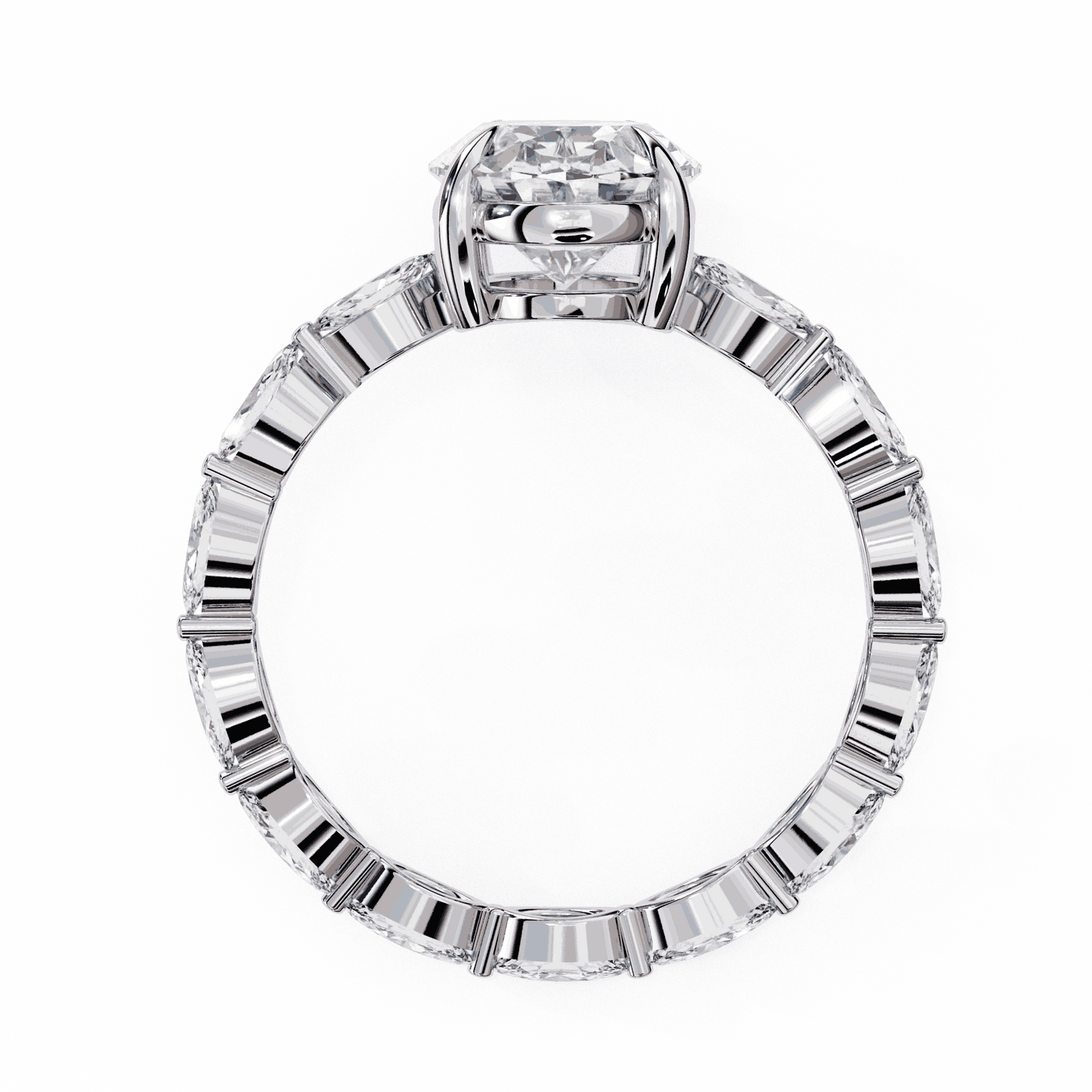 Oval Cut Lab Grown Diamond Side Stone Engagement Ring with Marquise Eternity Band