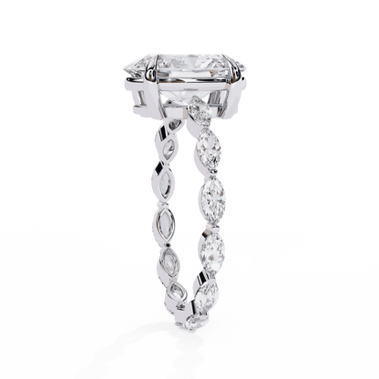 Oval Cut Lab Grown Diamond Side Stone Engagement Ring with Marquise Eternity Band