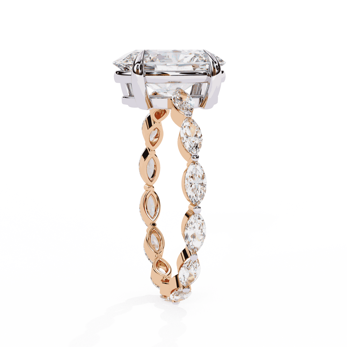 Oval Cut Lab Grown Diamond Side Stone Engagement Ring with Marquise Eternity Band
