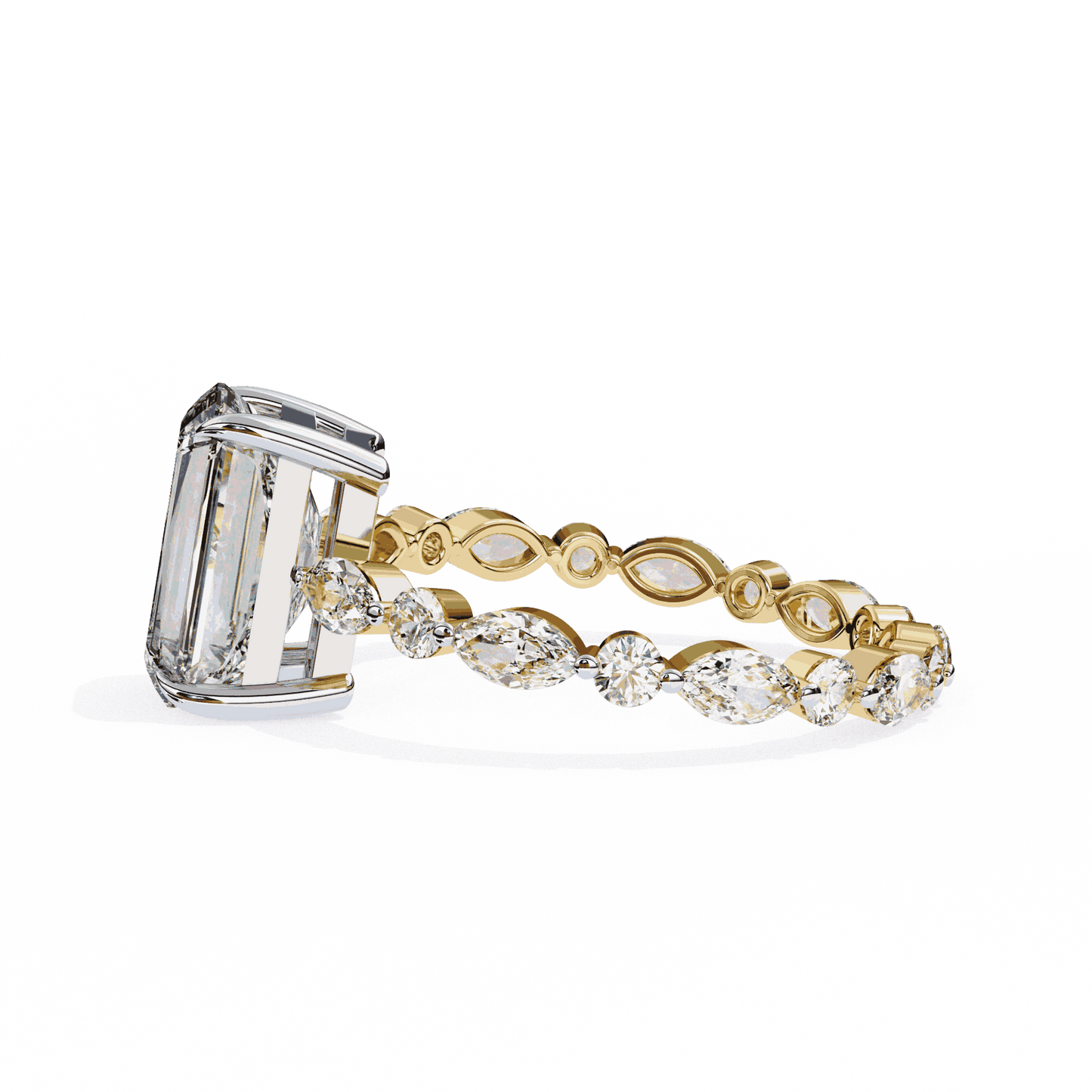 Radiant Cut Lab Grown Diamond Side Stone Engagement Ring with Marquise and Round Eternity Band