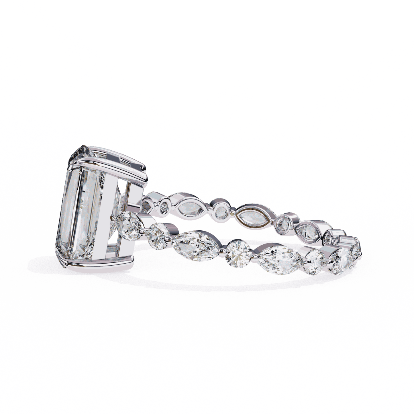 Radiant Cut Lab Grown Diamond Side Stone Engagement Ring with Marquise and Round Eternity Band