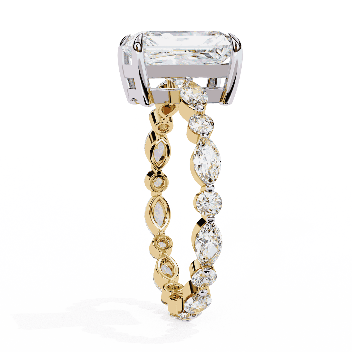 Radiant Cut Lab Grown Diamond Side Stone Engagement Ring with Marquise and Round Eternity Band