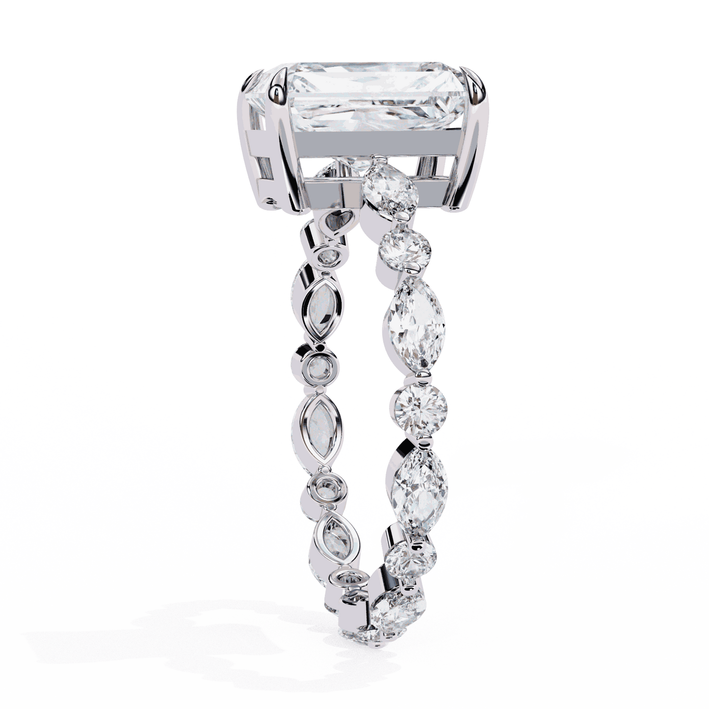 Radiant Cut Lab Grown Diamond Side Stone Engagement Ring with Marquise and Round Eternity Band